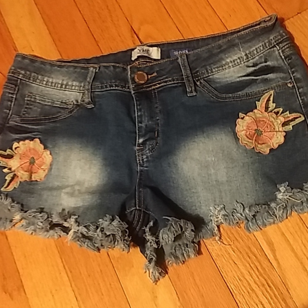 YMI Embroidered Distressed Jean Shorts